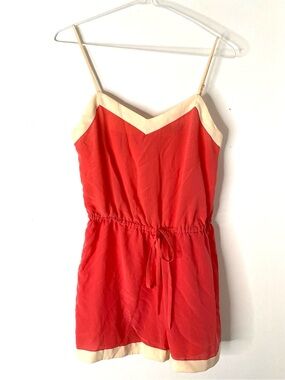 100% Silk Coral Colorblock Cami Romper Drawstring Waist Broadway & Broome